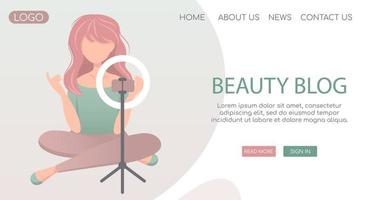 Vector landing page web template for blogging and vlogging. Young trendy girl making video beauty or review for vlog channel. Lamp and phone on tripod.