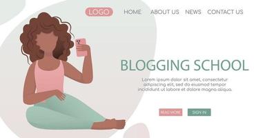 plantilla web de página de destino vectorial para blogs y vlogging. joven africana de moda sentada en el suelo y haciendo contenido fotográfico para su blog. vector