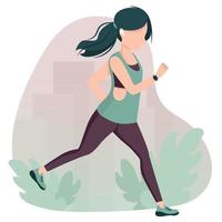 Young beautiful girl running outdoor in sportwear with earpods and fitness trecker. Sporty lifestyle. Summer training in city landscape. Vector flat trendy illustration.