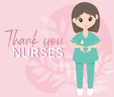 Día internacional de la enfermera 12 de mayo. enfermera feliz en uniforme. colores rosa y menta. formato de tarjeta con letras. hacer el signo del corazón con las manos. gracias enfermeras. vector