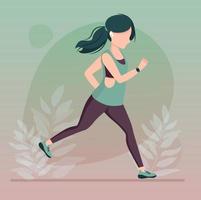 Young beautiful girl running outdoor in sportwear with earpods and fitness trecker. Sporty lifestyle. Summer training in park. Vector flat trendy illustration.