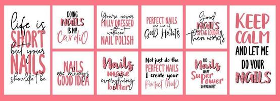 Inspiration lettering quotes about nail and manicure. Woman hands. Pink colors with glitter. For nail bars, beauty salons, manicurist, printing production, social media. vector