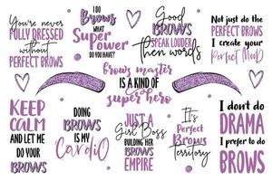 Inspiration lettering quotes about brows and for brow master.  Gold color with glitter vector. For brow bars, Brow Makers, beauty salons, stylists, printing production, social media. vector