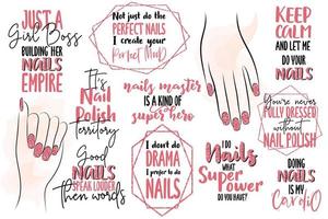 Inspiration lettering quotes for nail masters. Woman hands. Pink colors with glitter. For nail bars, beauty salons, manicurist, printing production, social media. vector