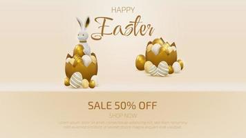 3d realistic bunny with gold easter egg elements. Banner template design. vector