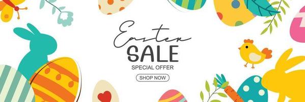 Easter sale banner design template with colorful eggs and flowers. Use for cover, advertising, flyers, posters, brochure, voucher discount. vector