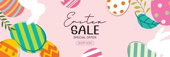 Easter sale banner design template with colorful eggs and flowers. Use for cover, advertising, flyers, posters, brochure, voucher discount. vector