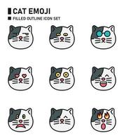 conjunto de iconos de contorno lleno de emoji de gato. vector