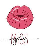 Vector cute painted lips text miss you. Doodle on an isolated background. Print kiss, love banner, brochure.