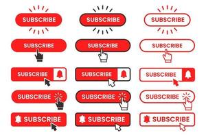 red and white subscribe button with pointer and hand cursor vector