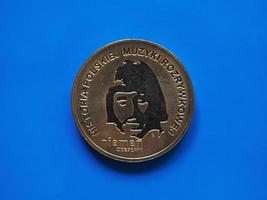 Two Polish Zloty coin, Poland over blue photo