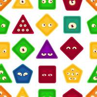 Bright geometric shapes seamless pattern with face emotions. Square, triangle, rhombus, hexagon forms with eyes. Hand drawn vector texture for kids. Cute funny characters for textile, print, wrapping