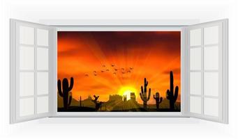 Opens window in room with view of cactus tree when the sunset vector