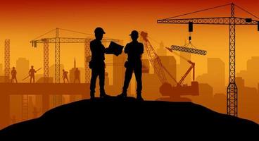 Construction worker at work with worker standing. Vector