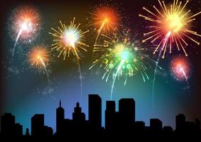 Silhouette urban at night with colorful firework background. Vector