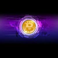 Golden bitcoin on circuit global network, purple glown dark, vector