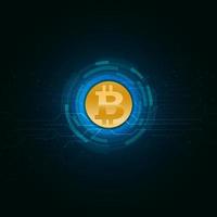 Golden bitcoin on deep blue with glown circuit background, vector