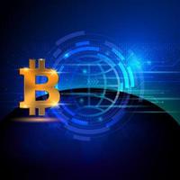 Golden bitcoin blue glown background, vector