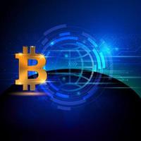 Golden bitcoin blue glown background, vector