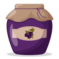 Glass jar of black currant jam with closed lid. Cute vector illustration