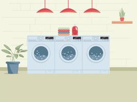 Laundry room interior with washing machine, household chemistry cleaning, washing powder, towels. vector