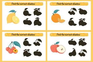 Find correct shadow educational game for kids. Preschool puzzle. Shadow matching activity for children. Educational worksheet. Find correct silhouette game with ripe fruits vector