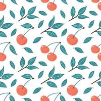 Cherry Seamless Pattern. Ripe Berries background. Hand Drawn fruit ornament for wallpaper, textile, wrapping paper, menu, food package design and decoration. vector