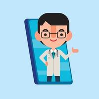 personaje médico de dibujos animados planos que sale del teléfono móvil para su presentación. doctor mano apuntando. carácter vectorial vector