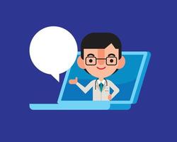 Cartoon doctor popping out from laptop with bubble talk. Doctor character present in online platform. Character illustration vector