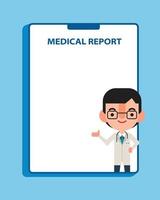 Flat design cartoon doctor in tablet presenting on emtpy space medical report. Vector illustration