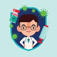 Flat design cartoon doctor stay inside shield with vaccine bottle and syringe needle floating in the air. Viruses floating around doctor character. Vector illustration