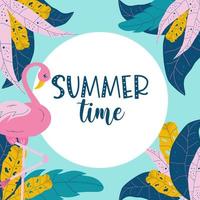 Summer template with flamingos and tropical leaves and with text summer time. Round design with pink bird and colorful tropical leaves. Flat vector illustration.