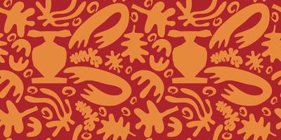 Abstract seamless pattern shape  matisse with algae and leaves. Vector flat illustration design. Orange on a red background various figures. Contemporary seamless pattern