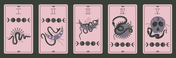 Vintage tarot cards with moon phases, snakes and skull. Celestial magic for occult and divination. Set of pink light cards on a dark background. Serpent with moon and sun. Flat vector illustration.