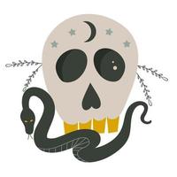 Skull with snake for magic, occult isolated on white background.Creeping snake and skull with moon and stars. Celestial boho astrology. Flat vector illustration.