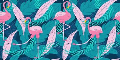 Seamless summer pattern with pink flamingo and tropical leaves. Blue and pink leaves and flamingo on a dark background for summer design. Flat vector illustration.