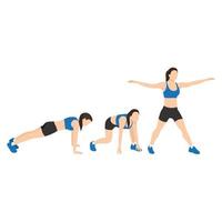 Woman doing Surfer burpees exercise. Flat vector illustration isolated on white background