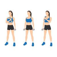 Woman doing Standing cross chest curl exercise. Flat vector illustration isolated on white background