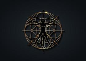 Sacred Geometry gold symbol. The Vitruvian man. Detailed drawing on the basis of golden artwork by Leonardo da Vinci, vector isolated on black background