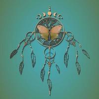 Butterfly on dreamcatcher with mandala ornament and Moon Phases. Gold Mystic symbol, Ethnic art with native American Indian boho design, vector isolated on old green background