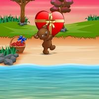 Teddy bear carrying big gift of red heart vector