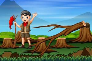 escena de deforestación con un niño explorador vector