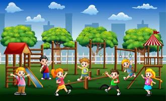 Happy school children playing in public park vector