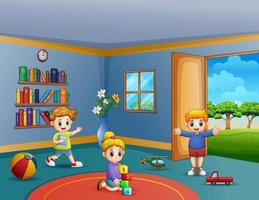 Children playing their toys inside the room vector