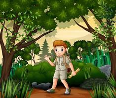 The explorer boy with map and backpack performing outdoor activity vector