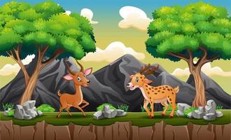 ciervos felices jugando en el paisaje de la colina vector