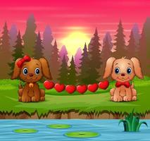 Cute two dogs bite heart on the forest background vector