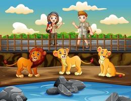 Safari girl and boy looking a lions in the zoo vector