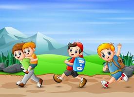 Scene of many boys running on the road vector