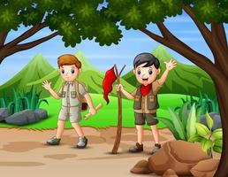 Scene with two scout hiking in the forest vector